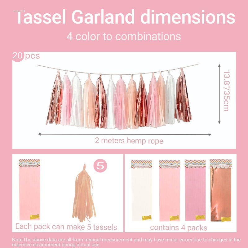 AimtoHome Rose Gold Peach White Pink Tassel Garland Banner, 20 Pack, Tassel Garland Party Decorations for Birthday, Boho Music Festival, Baby Shower,Bridal,Wedding - Image 3